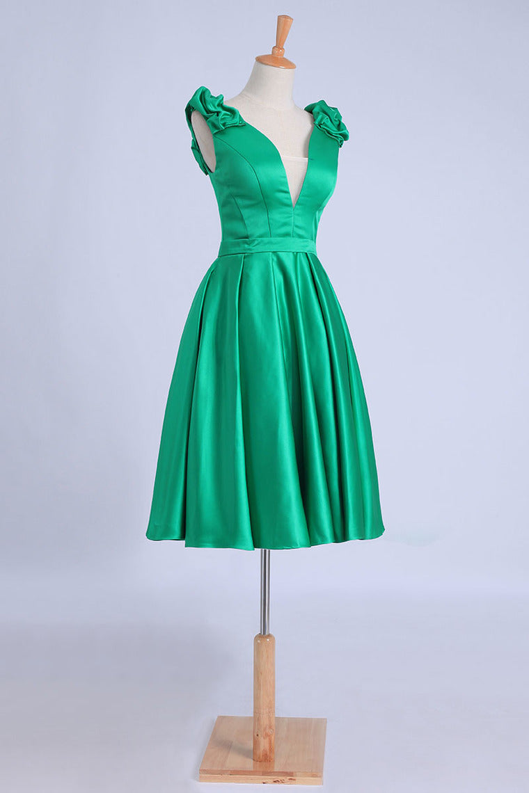 2022 V Neck Prom Dresses A Line Knee-Length Satin With Sash