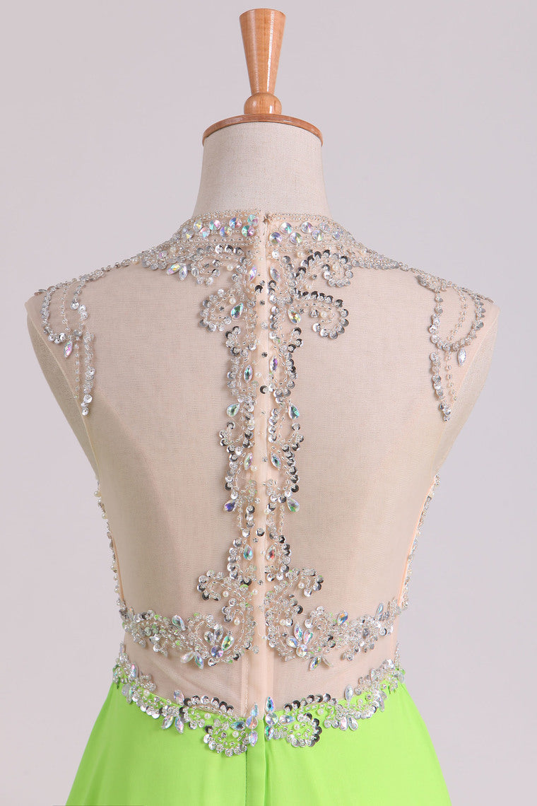 2022 A Line Beaded Bodice Prom Dresses Scoop Chiffon & Tulle With Slit