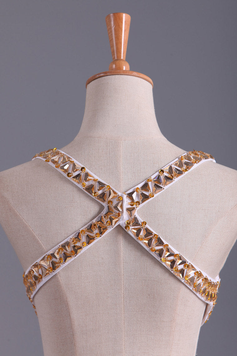 2022 Straps Prom Dresses Open Back Sheath/Column With Golden Beading Chiffon