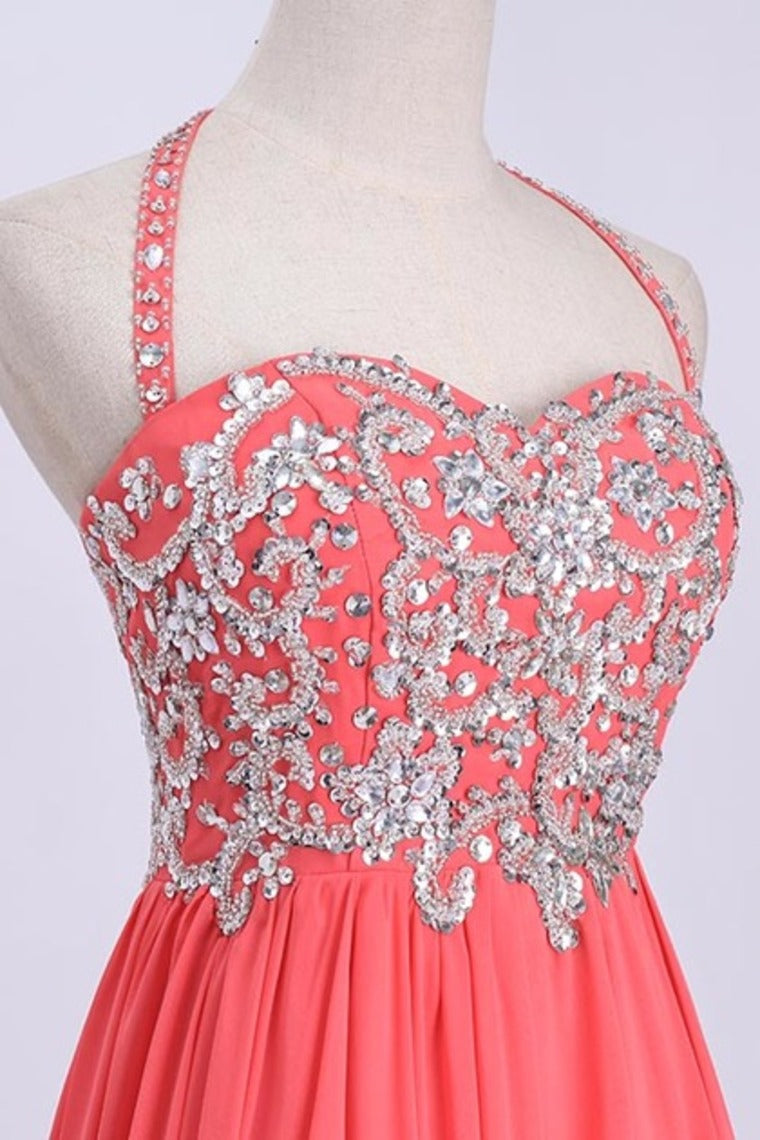 2022 Prom Dresses Empire Waist Halter Floor Length Chiffon