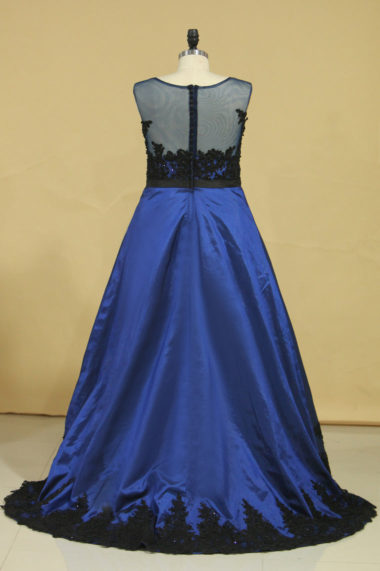 2022 Plus Size Asymmetrical Bateau Prom Dresses Taffeta With Applique And Sash Sweep Train Dark Royal Blue