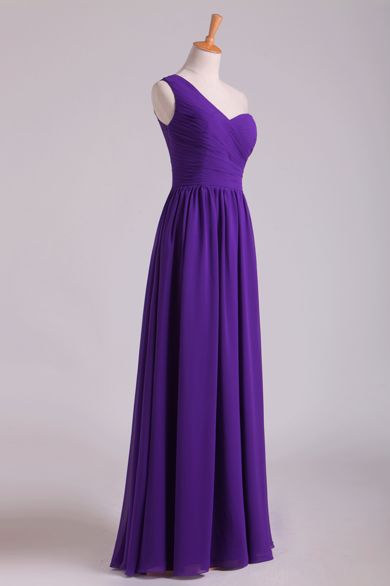 2022 One Shoulder Pleated Bodice Lace Back A Line Evening Dress Full Length Chiffon