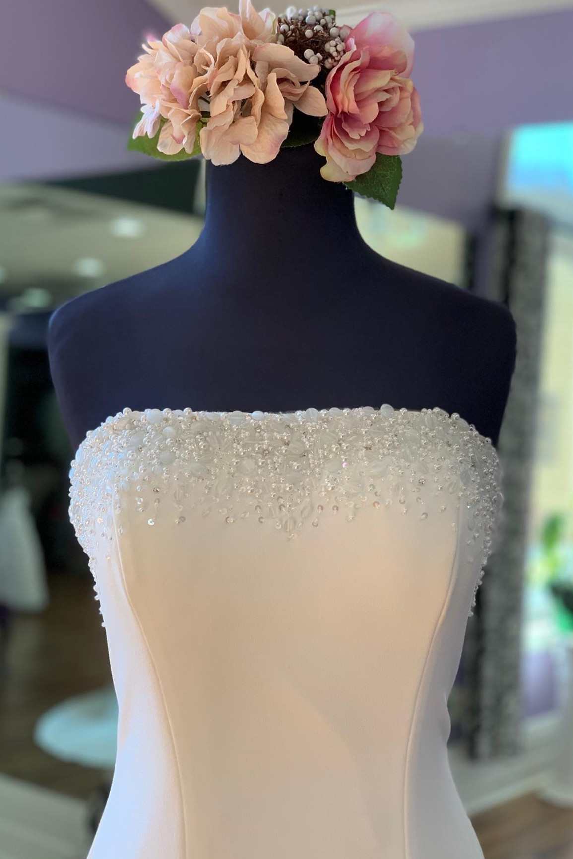 White Beaded Satin Strapless Mermaid Long Wedding Dress