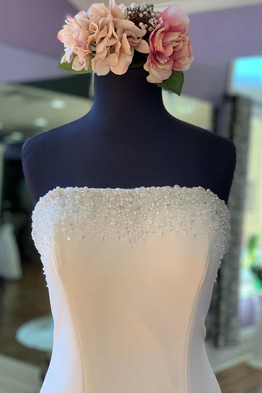 White Beaded Satin Strapless Mermaid Long Wedding Dress