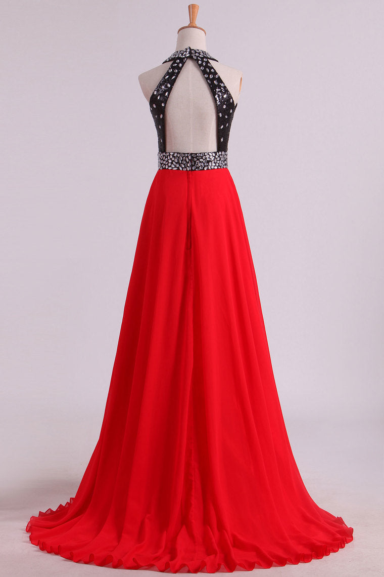 2022 Bicolor Halter A Lline Prom Dresses Sequined Bodice Sweep Train Chiffon