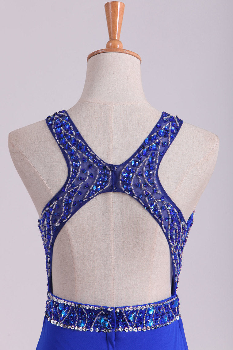 2022 Open Back Prom Dresses Scoop Spandex With Beading And Slit Sweep Train