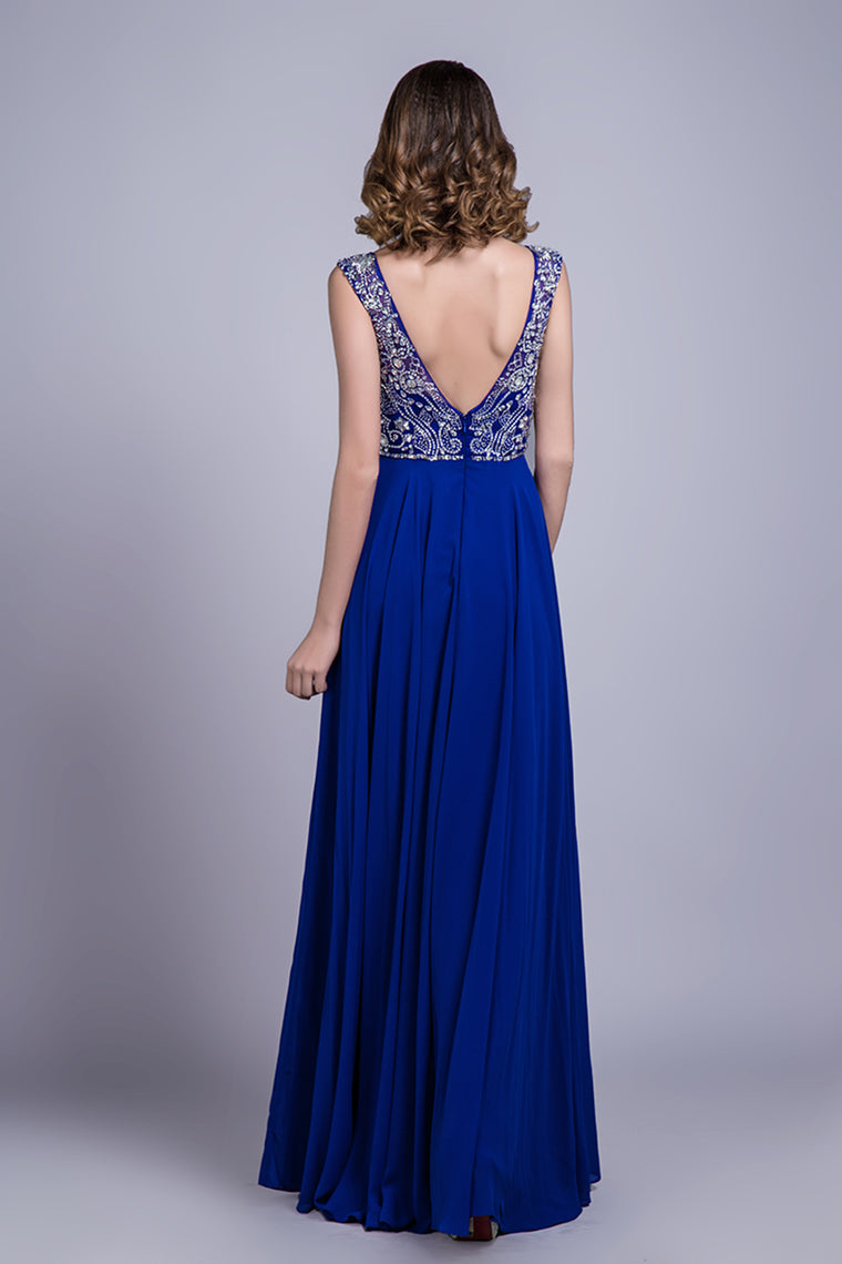 2022 Prom Dresses A-Line Scoop Floor-Length Dark Royal Blue Chiffon Beaded Bodice