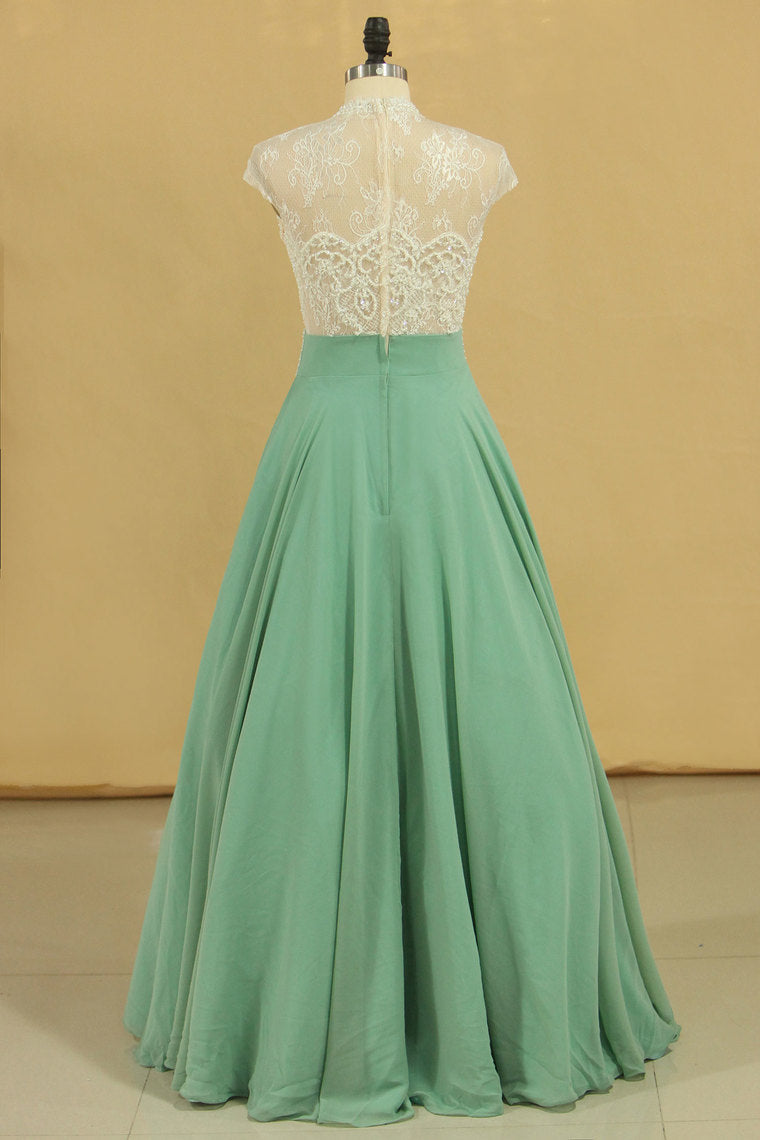 2022 High Neck A Line Chiffon With Applique Prom Dresses Floor Length