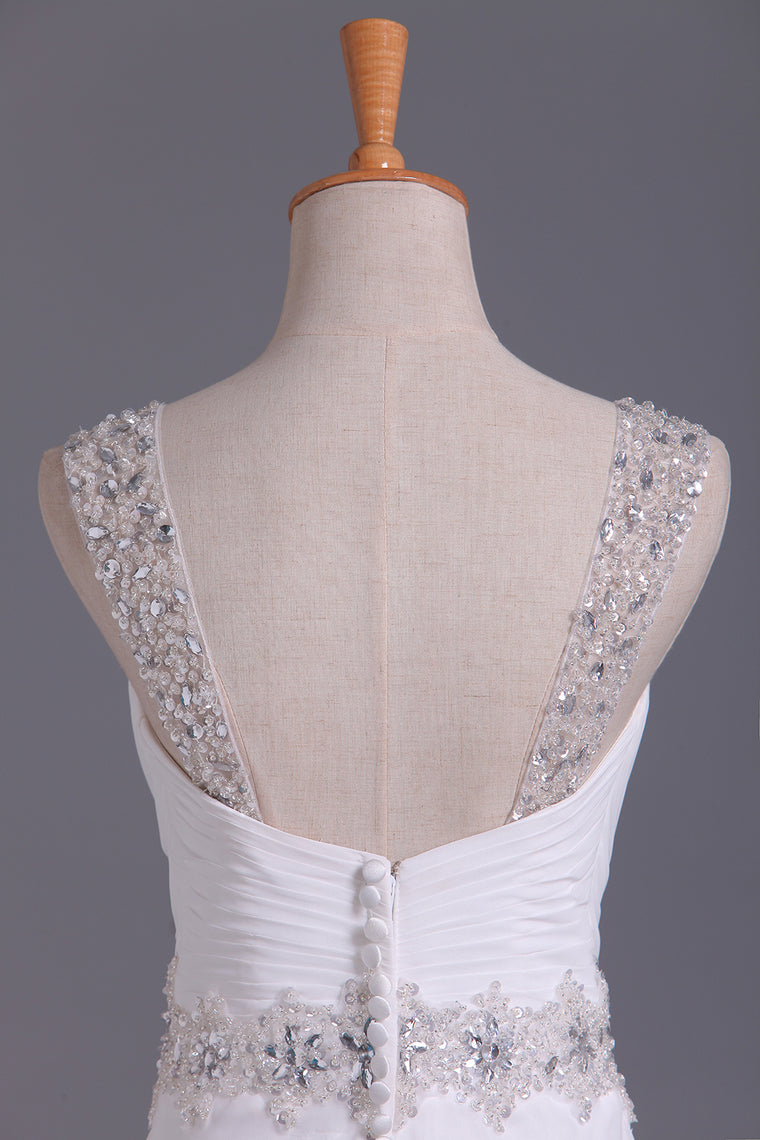2022 White Wedding Dress Sweetheart A Line Pleated Bodice With Detachable Straps Beaded Chiffon