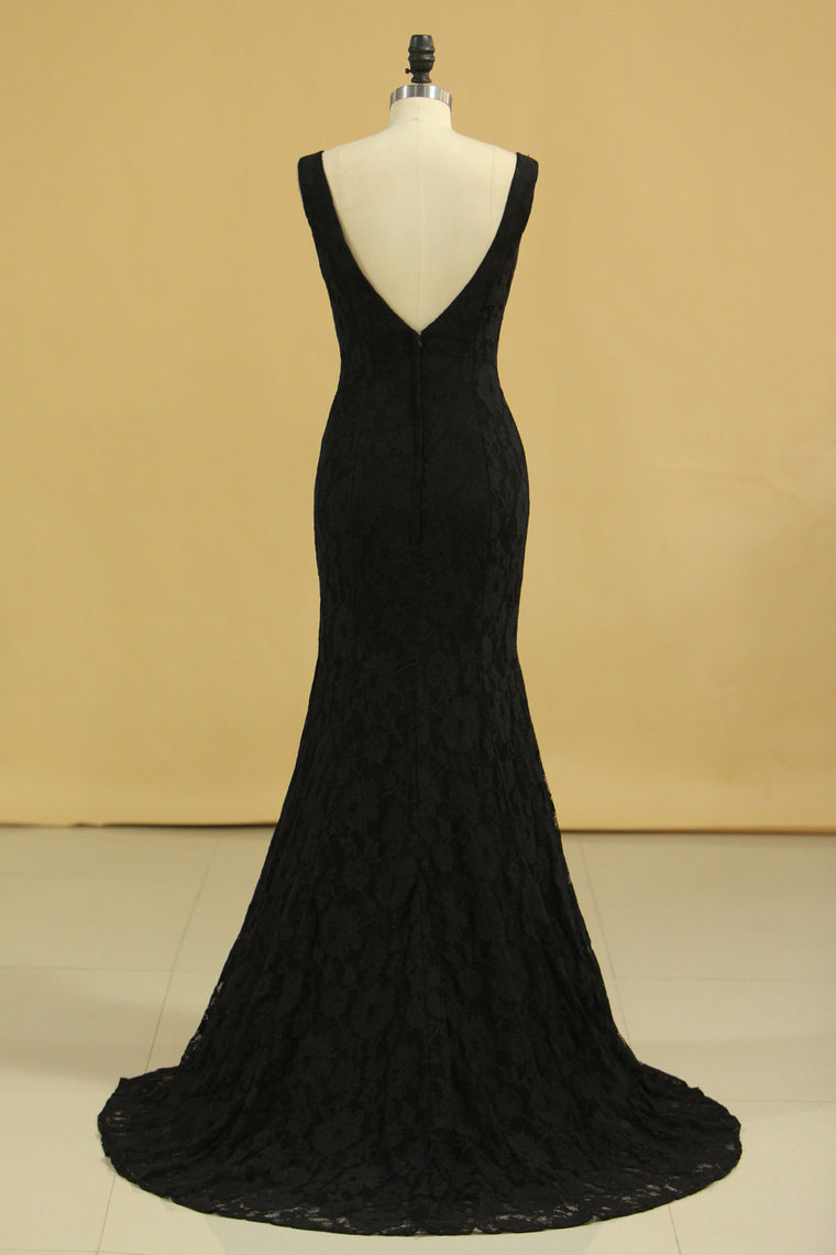 2022 Black Lace Evening Dresses V Neck Open Back Sweep Train Sheath Size 8