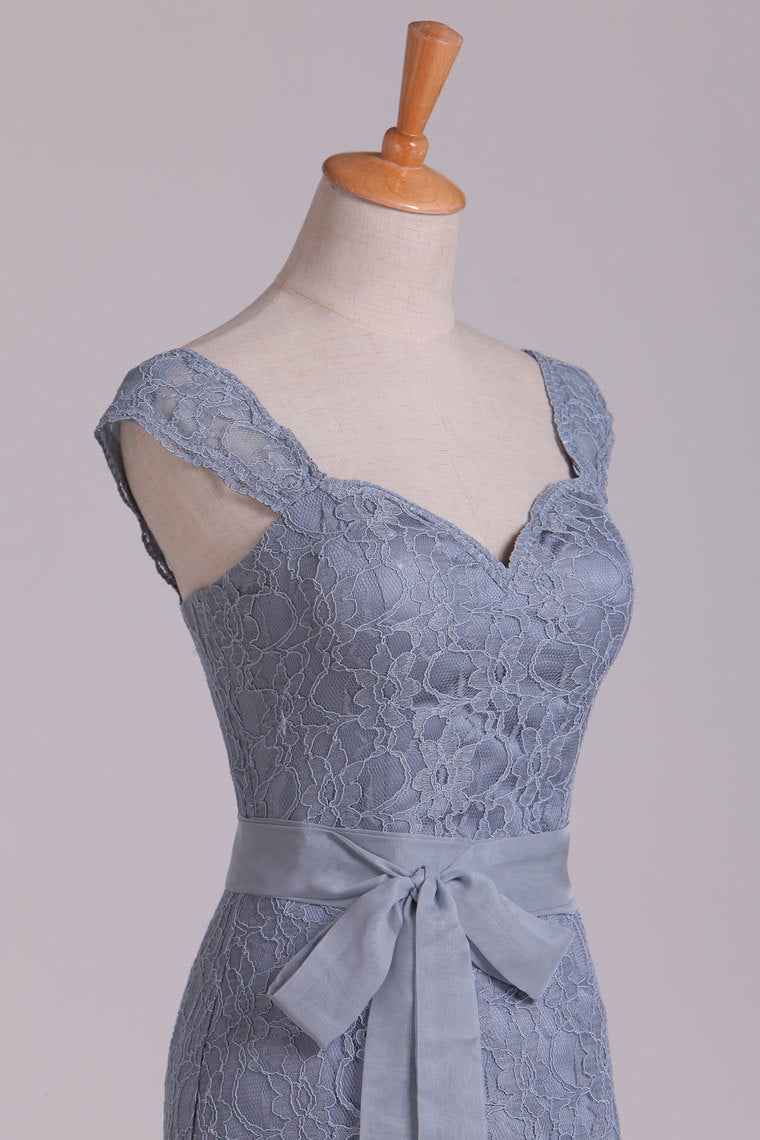 2022 Sheath/Column Lace Bridesmaid Dresses With Sash Above Knee Length
