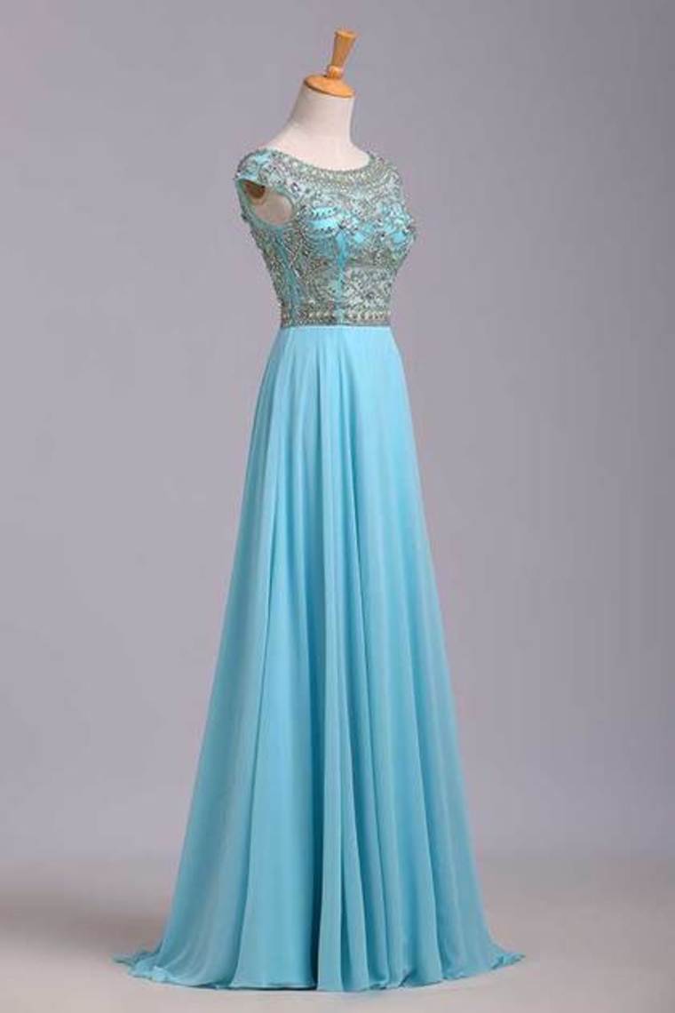 2022 Elegant Prom Dresses A-Line Scoop Beaded Bodice Floor-Length Chiffon Zipper Back