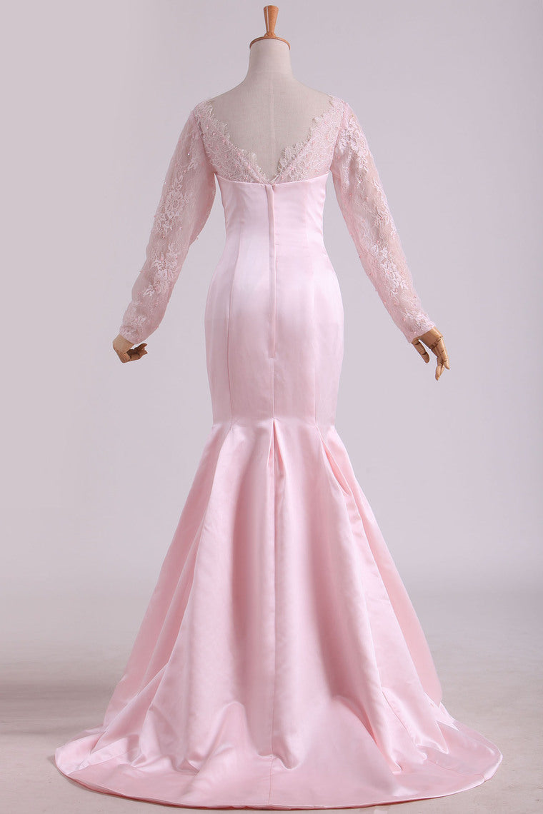 2022 Prom Dresses Mermaid V Neck Long Sleeves With Applique Satin