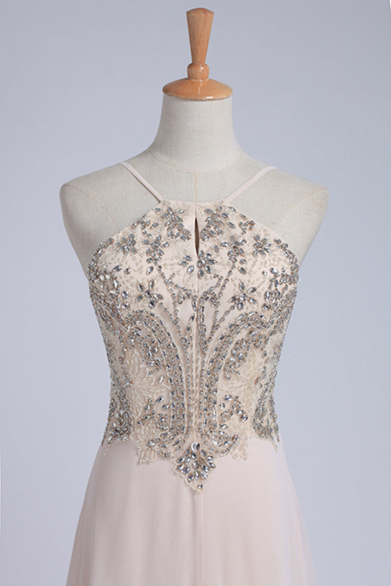 2022 Spaghetti Straps Beaded Bodice A-Line Chiffon Prom Dresses