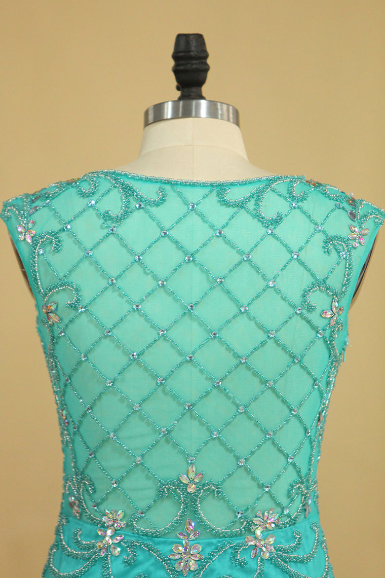 2022 Plus Size Scoop Mermaid Prom Dresses Beaded Bodice Tulle Floor Length