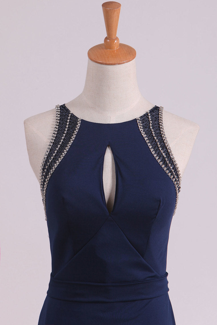 2022 Spandex Scoop With Beading Sheath Evening Dresses Open Back Sweep Train