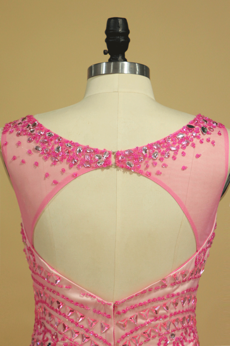 2022 Open Back Prom Dresses Scoop A Line Beaded Bodice Floor Length Tulle