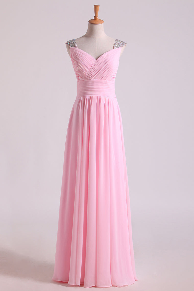 2022 Straps Prom Dresses Beaded Straps Chiffon Floor Length With Ruffles