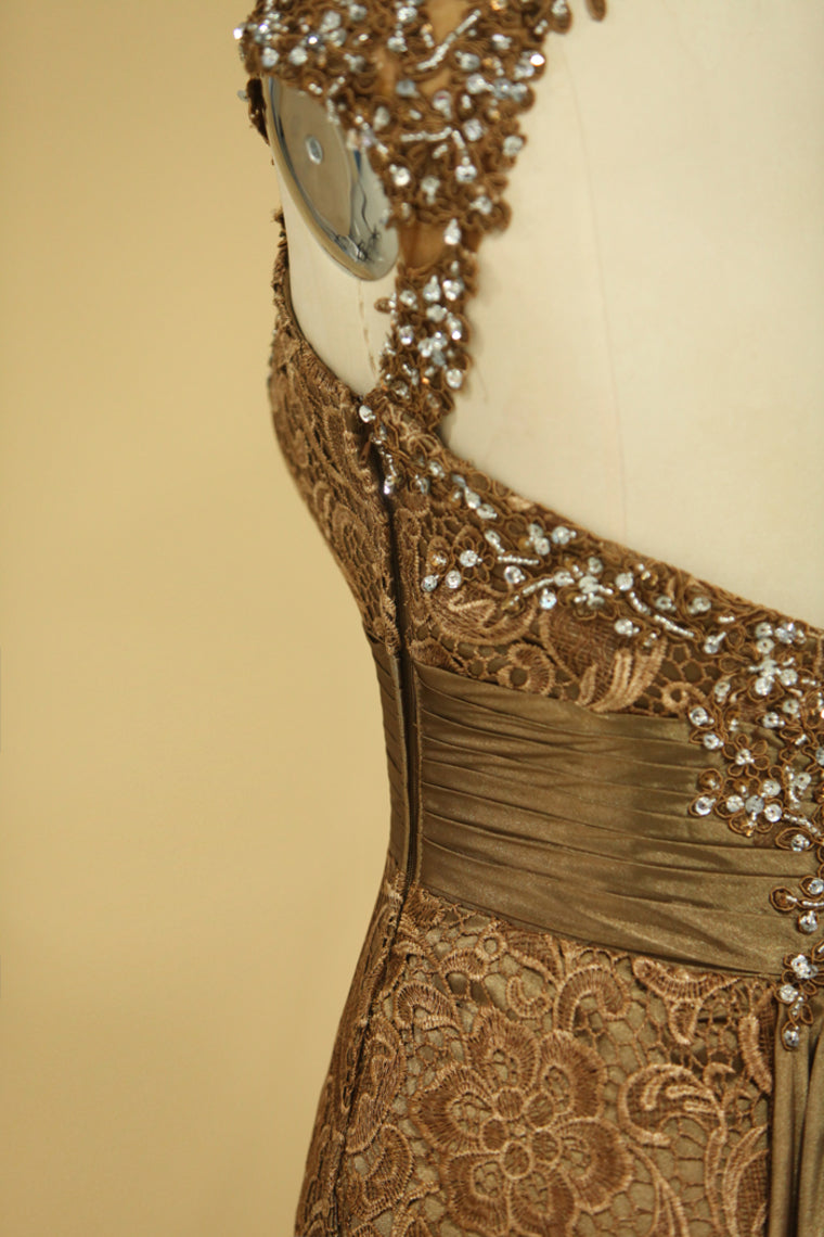 2022 Brown High Neck Evening Dresses Column With Beading Lace Sweep Train