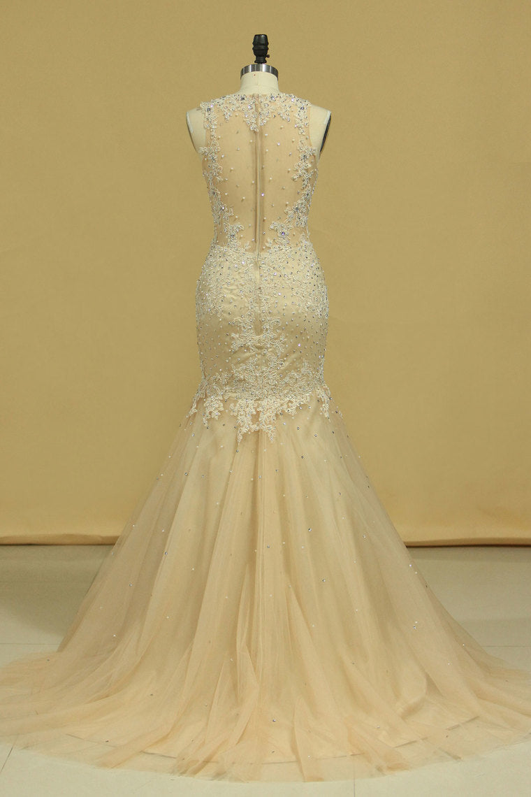 2022 Plus Size See-Through Scoop Mermaid Prom Dresses Tulle With Applique And Beads