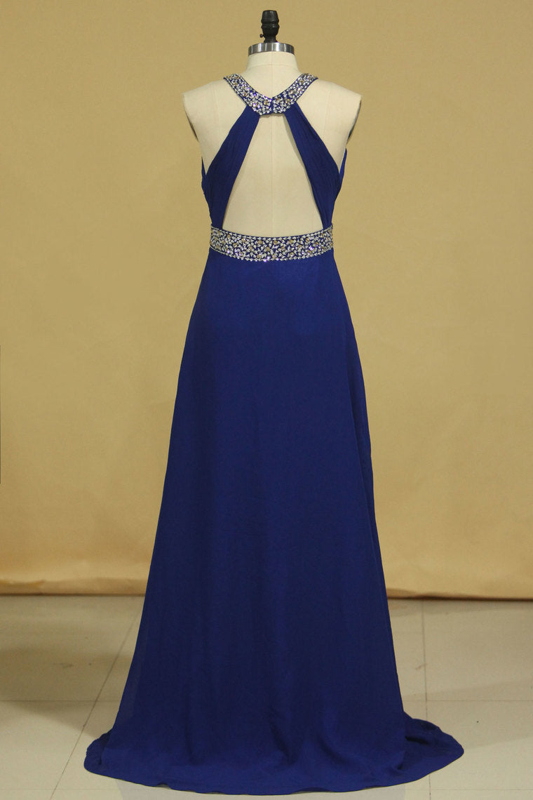 2022 Prom Dresses Halter Chiffon A Line Open Back Sweep Train
