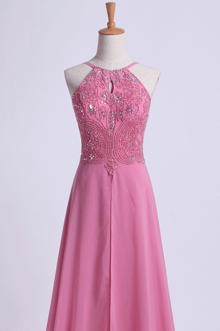 2022 Prom Dresses Spaghetti Straps Beaded Bodice A-Line Chiffon