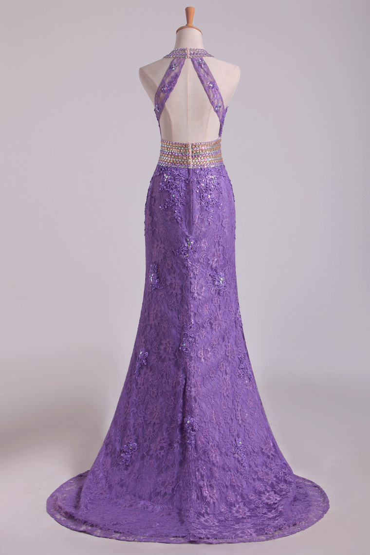 2022 Popular Mermaid High Neck Prom Dresses Lace With Beads Sweep Train Purple