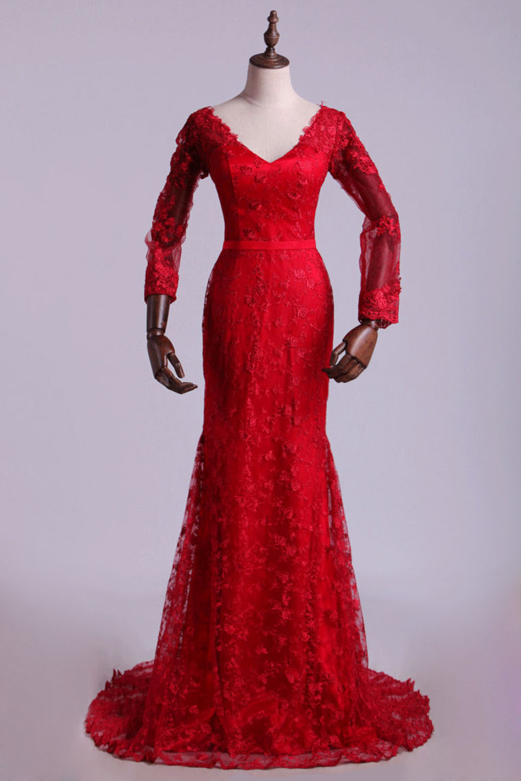 2022 V-Neck Evening Dresses Mermaid With Applique Lace And Tulle Burgundy/Maroon New