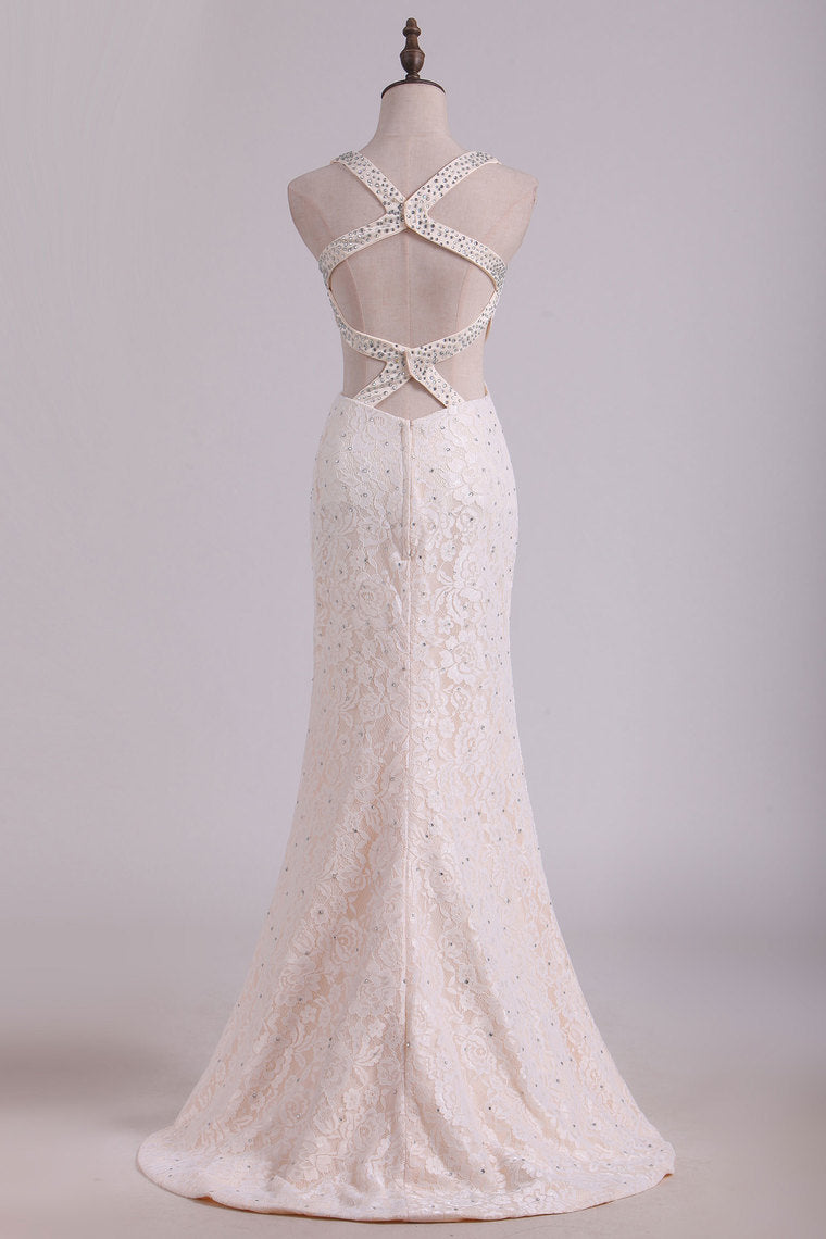 2022 Straps Prom Dresses Mermaid Lace With Beading Sweep Train Open Back