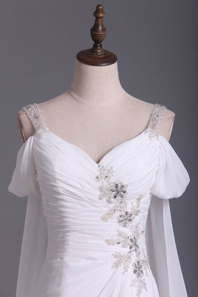 2022 A Line Straps With Beads And Ruffles Wedding Dresses Chiffon Court Train Detachable