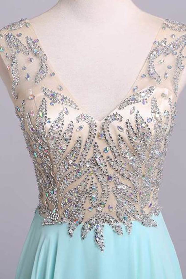2022 V Neck Prom Dresses A Line Beaded Bodice Sweep Train Chiffon And Tulle