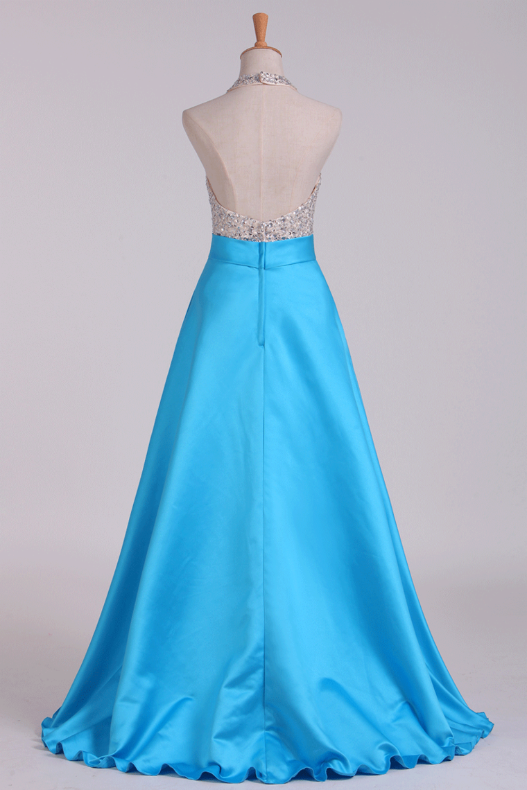 2022 Open Back Halter Beaded Bodice Prom Dresses Satin Floor-Length