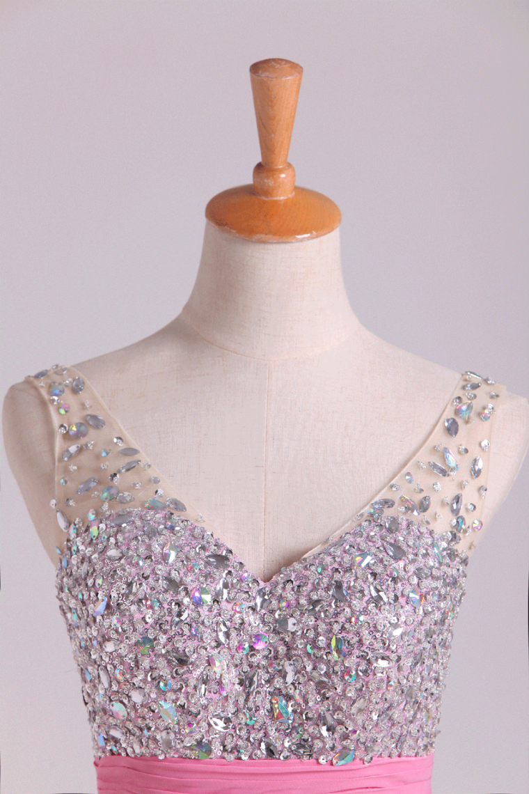 2022 Prom Dresses A Line V Neck Chiffon With Beading/Sequins Sleeveless Floor Length