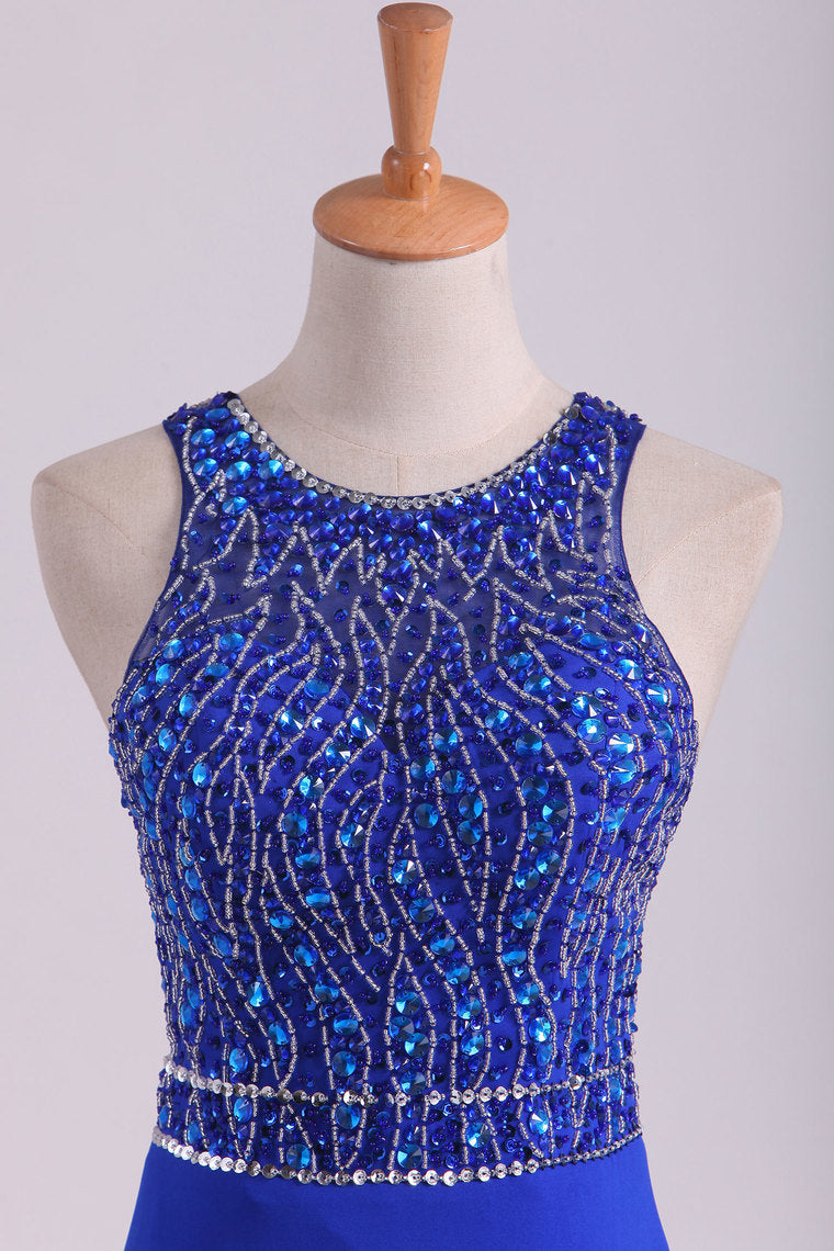 2022 Open Back Prom Dresses Scoop Spandex With Beading And Slit Sweep Train