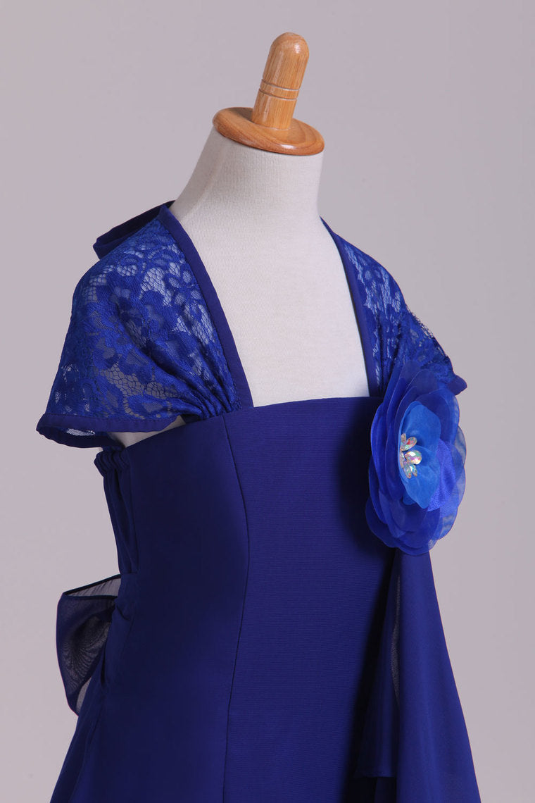 2022 Eyelid Lace Back Flower Girl Dress A Line Chiffon & Lace With Flower Dark Royal Blue