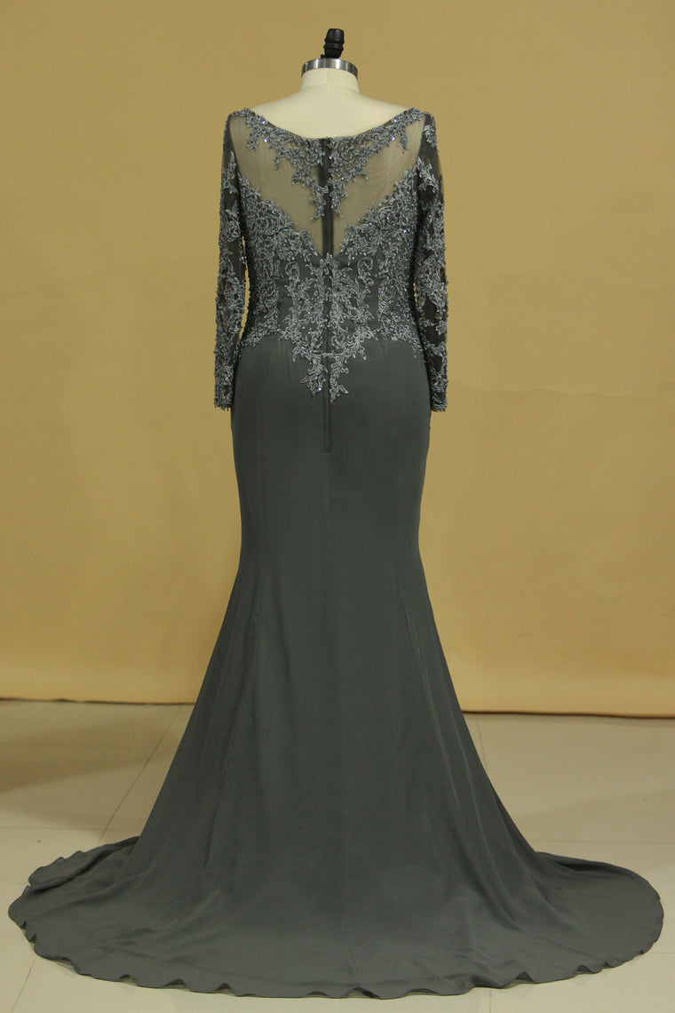 2022 Plus Size Long Sleeves Scoop Beaded Bodice Mermaid Evening Dresses Chiffon & Tulle