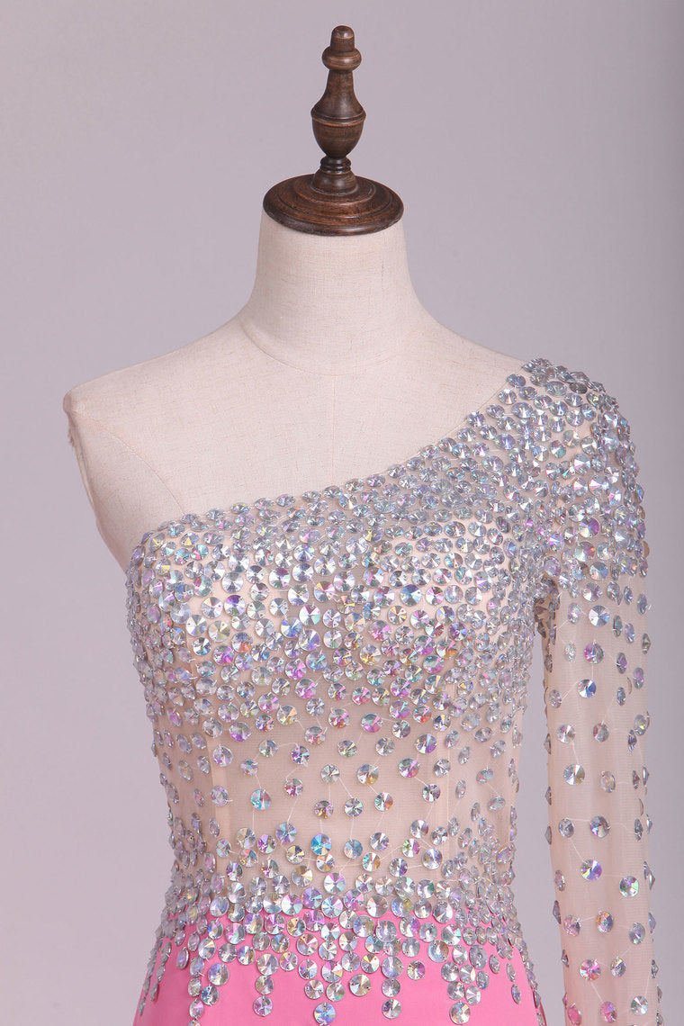 2022 One Sleeve Prom Dresses Mermaid Chiffon With Slit And Rhinestones