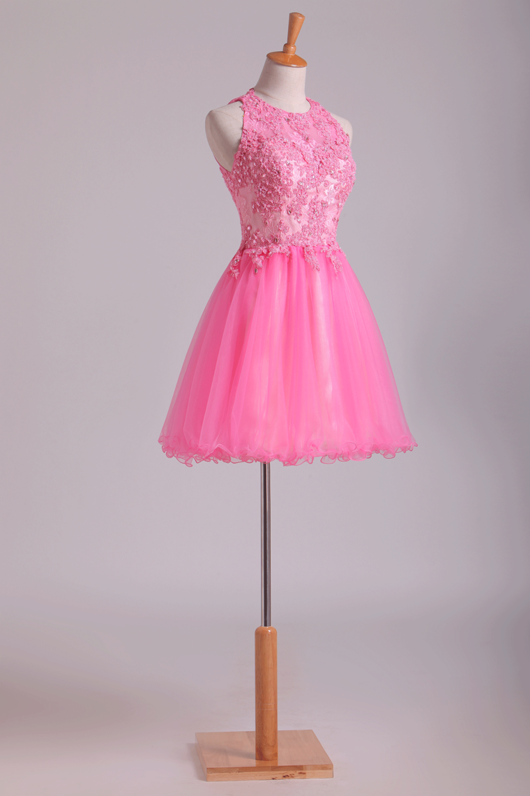 2022 Lovely Homecoming Dresses Scoop A Line Short Tulle With Applique