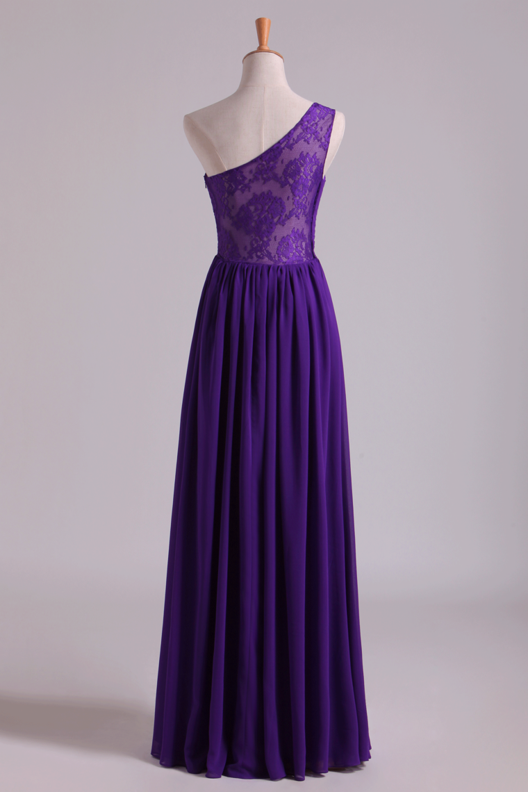2022 Evening Dress One Shoulder Pleated Bodice Lace Back A Line Full Length Chiffon