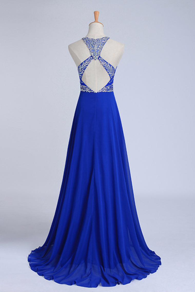 2022 Halter A-Line/Princess Dark Royal Blue Prom Dresses Tulle And Chiffon Sweep Train