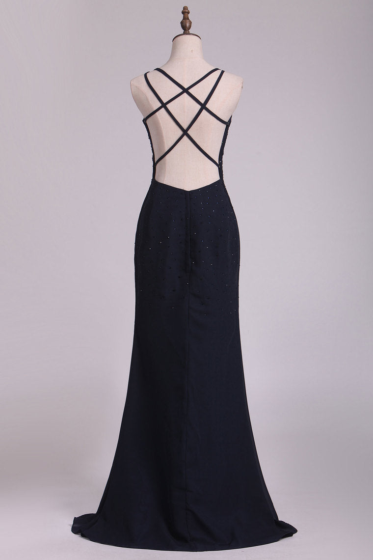 2022 Dark Navy Spaghetti Straps Sheath Chiffon With Beading Evening Dresses
