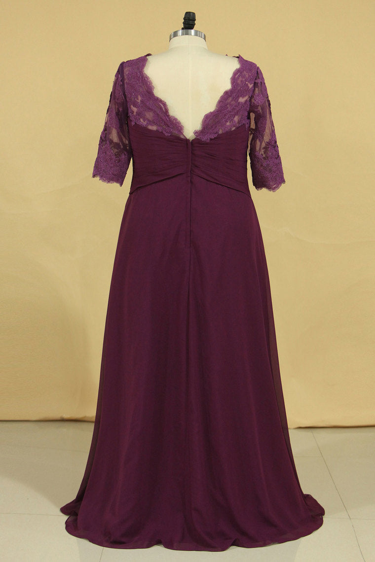 2022 Plus Size Scoop V Back With Applique And Ruffles Chiffon Mother Of The Bride Dresses Grape