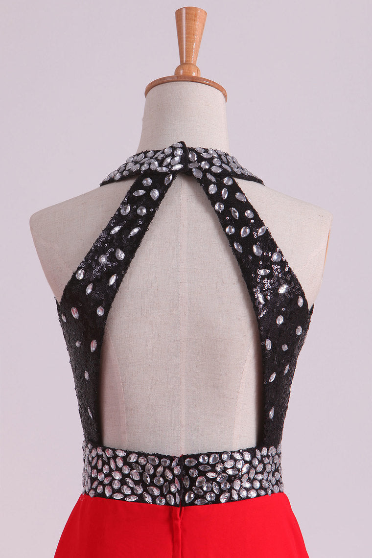2022 Bicolor Halter A Lline Prom Dresses Sequined Bodice Sweep Train Chiffon