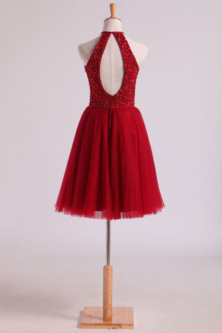 2022 Halter Homecoming Dresses A-Line Tulle Short/Mini Beaded Bodice Burgundy/Maroon
