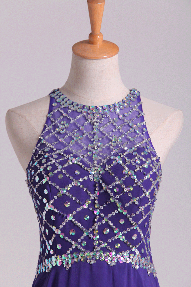 2022 Hot Prom Dresses A Line Scoop Beaded Bodice Chiffon Sweep Train