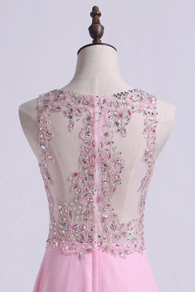 2022 Bateau Prom Dresses A Line Beaded Bodice Chiffon