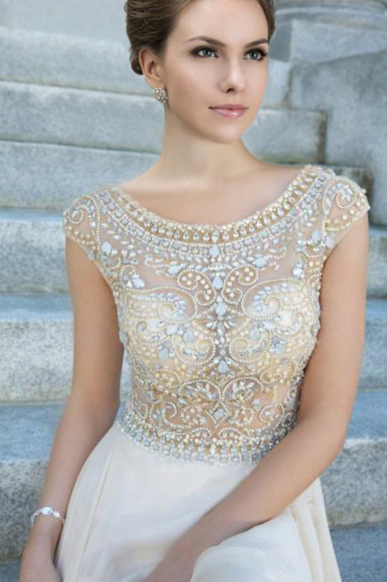 2022 Prom Dress Scoop A Line Floor Length Beaded Tulle Bodice With Chiffon Skirt