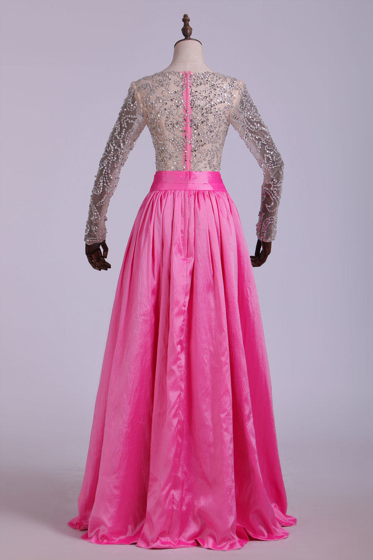2022 Prom Dresses V Neck A Line Taffeta With Beading Floor-Length Long Sleeves