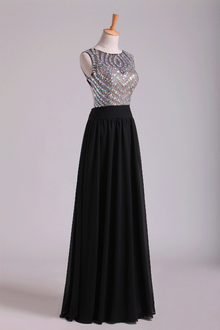 2022 Scoop Prom Dresses A-Line Beaded Tulle Bodice Pick Up Long Chiffon Skirt