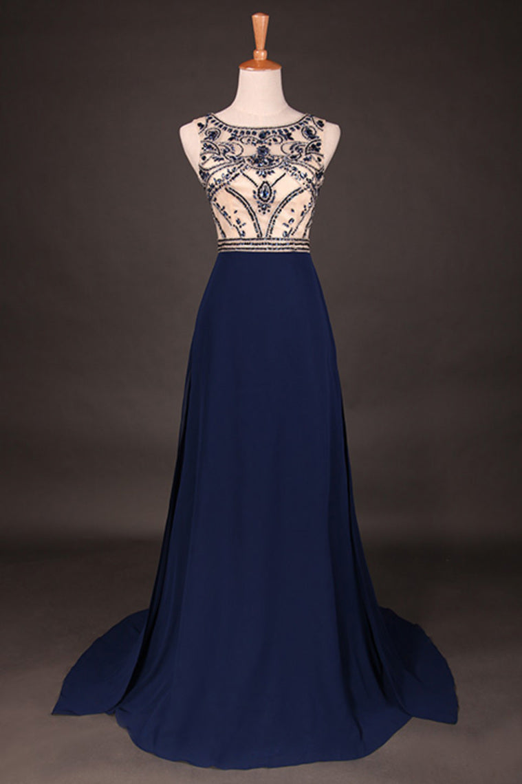 2022 Hot Selling Scoop A Line Full Length Red Prom Dress Beaded Tulle Bodice With Chiffon Skirt